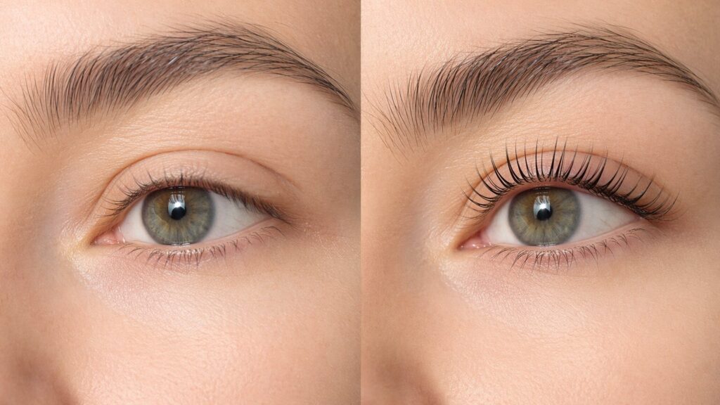 Vorher-/Nachher-Effekt einer Lash-Lifting Behandlung bei MUSE Kosmetik
