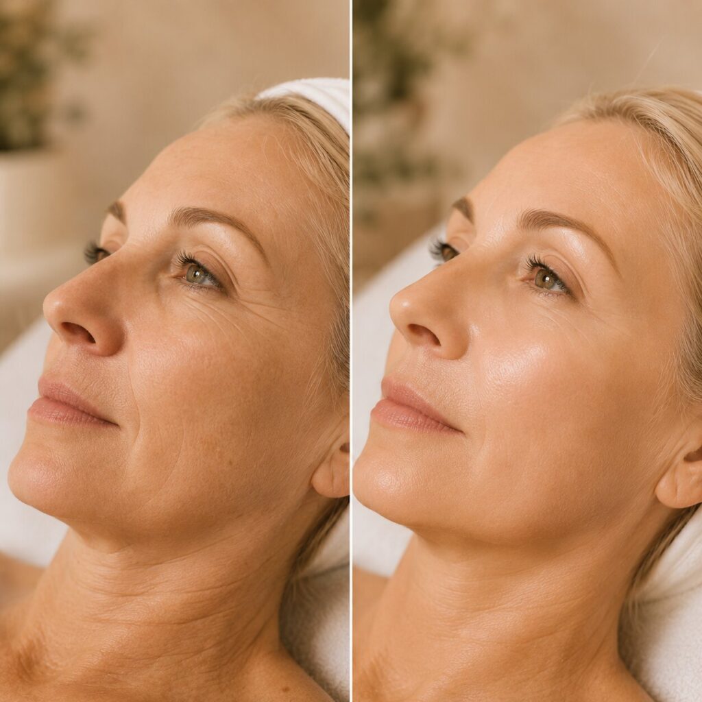 Vorher-/Nachher-Effekt einer Aquafacial-Behandlung bei MUSE Kosmetik